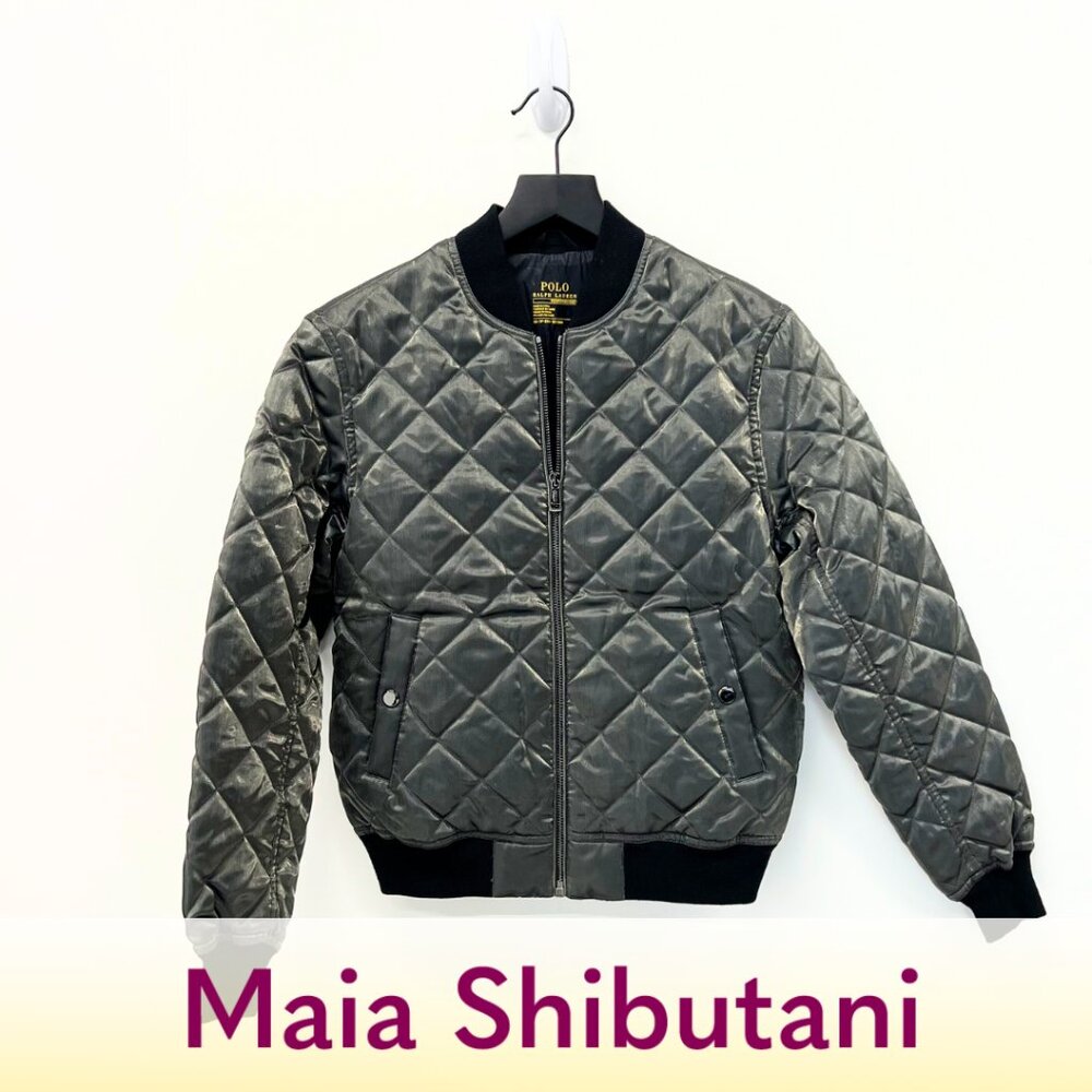 Polo Ralph Lauren Black Satin Metallic Quilted Bomber Jacket
